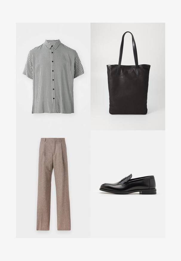 Camisa de botão de manga curta com um padrão xadrez preto e branco, apresentando um colarinho clássico e botões pretos na frente.; Calças castanhas de cintura alta feitas de tecido texturado. Apresentam pernas largas e duas pregas frontais para estrutura. Acabamento cuidadoso sem hardware visível.; Mocassins de couro preto com uma textura suave, bico arredondado e uma faixa decorativa sobre o peito do pé. Salto baixo e empilhado, design minimalista.; Saco de lona preto com alças de couro pretas. Design simples, corpo espaçoso e textura suave. Sem logótipos ou padrões visíveis.