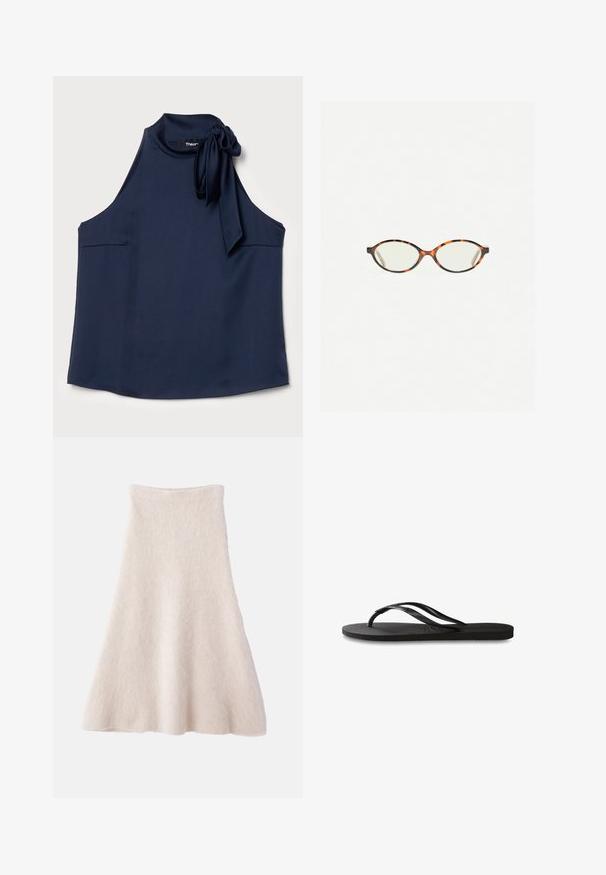 Theory SIDE TIE - Toppi - nocturne navy; Hame beige vaaleanruskea, A-linjainen, pehmeästä, teksturoidusta kankaasta, jossa on sileä vyötärö ja virtaava siluetti.; Mustat flip-flopit, joissa on röpelöinen kumipohja, kaksi hoikkaa remmiä ja hillitty, kohokuvioitu logotyyli remmissä.; Kilpikonnakuosiset silmälasit, joissa on soikeat linssit ja tyylikäs, sileä pinta. Ominaisuudet: ohuet sivut, joissa on hienovarainen kaari temppeleissä. Kirkkaat linssit.