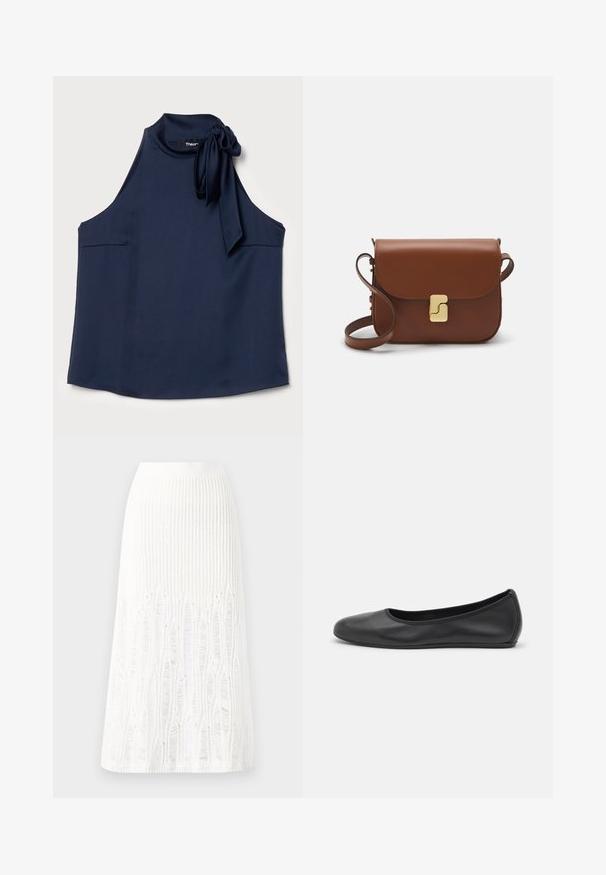 Theory SIDE TIE - Débardeur - nocturne navy; Jupe midi en tricot blanche présentant un motif texturé avec des lignes verticales et des découpes près de l'ourlet. Taille élastique. Matériau doux.; Ballerines en cuir noir avec un bout rond, texture lisse, détails de couture minimalistes et design de semelle flexible.; Sac à main en cuir marron avec une fermeture à rabat, des accents en métal doré, une bandoulière et une texture lisse. Forme rectangulaire compacte.