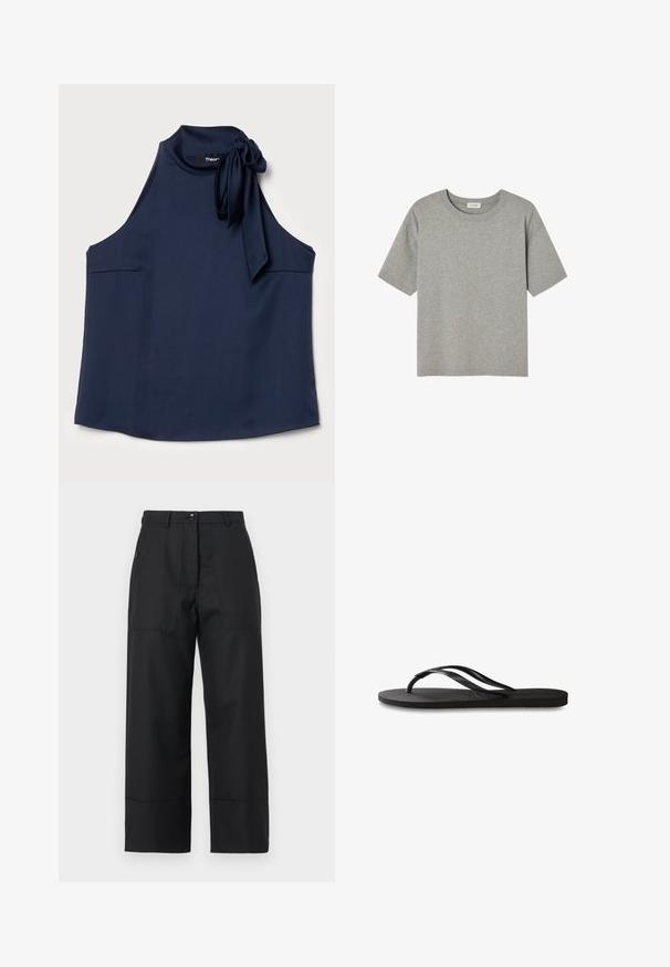 Theory SIDE TIE - Top - nocturne navy; Graues Kurzarm-T-Shirt aus weicher Baumwolle mit Rundhals und lockerer Passform, ohne auffällige Muster oder Akzente.; Schwarze weit geschnittene Hosen aus glattem Stoff. Verfügt über einen Knopfverschluss, Fronttaschen und klare Linien. Der Saum ist leicht ausgestellt.; Schwarze Flip-Flops mit einer strukturierten Gummisohle, zwei schlanken Riemen und einem dezenten, geprägten Logo-Detail auf dem Riemen.