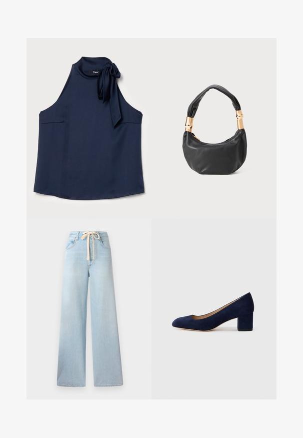 Theory SIDE TIE - Top - nocturne navy; Svetlo modré široké džínsy vyrobené z denimu, s elastickým pásom so šnúrkou a klasickým dizajnom piatich vreciek s minimálnym vyblednutím.; Námořnické modré semišové lodičky s špičatou špičkou a středním blokovým podpatkem. Hladká textura s jemným leskem a malým výstřihem vpředu.; Čierna kožená kabelka s guľatým tvarom, príjemnou textúrou a uzlíkovou rukoväťou s akcentmi zlatého tónu. Zipsové uzatvorenie.