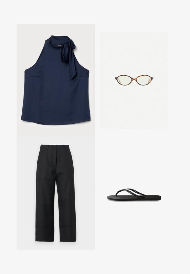 Theory SIDE TIE - Top - nocturne navy; Black wide-leg trousers made of smooth fabric. Features a button closure, front pockets, and clean lines. Hem is slightly flared.; Black flip-flop featuring a textured rubber sole, two slender straps, and a subtle, embossed logo detail on the strap.; Tortoiseshell eyeglasses with oval lenses and a sleek, smooth finish. Features thin sides with a subtle curve at the temples. Clear lenses.