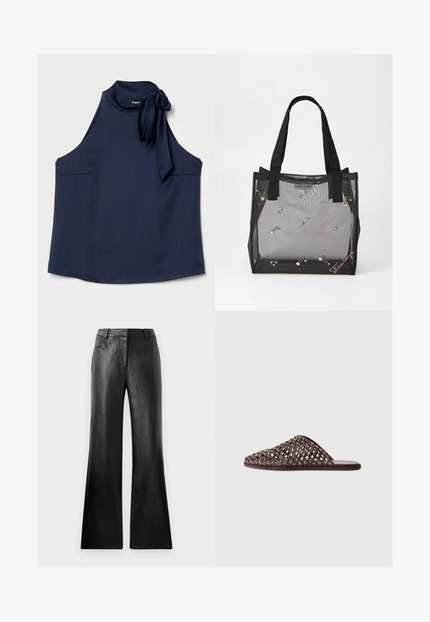 Theory SIDE TIE - Top - nocturne navy; Black leather flared pants with a smooth texture, featuring two front pockets with black and brown accents near the waist.; Brown woven slide sandal with a rounded toe, open design, flat sole, and textured surface. Lightweight material and minimalist silhouette.; Black mesh tote bag with embroidered floral patterns, featuring sturdy black handles and a logo tag on the front. Translucent material.