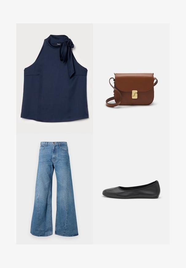 Theory SIDE TIE - Tops - nocturne navy; Platas kājas zila džinsa bikses ar augstu jostasvietu, ar klasisku piecu kabatu dizainu un nelielu izsēdēšanos tekstūras dēļ.; Melna ādas baleta kurpe ar noapaļotu purngalu, gludu tekstūru, minimālu šuvju detalizāciju un elastīgu zoles dizainu.; Bordo ādas rokas soma ar atloku, zeltītām detaļām, plecu siksnu un gludu virsmu. Kompakta, taisnstūrveida forma.
