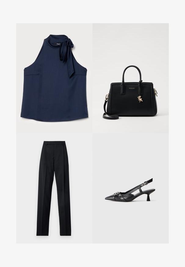 Theory - Top; Czarne spodnie wykonane z gładkiego materiału, z wysokim stanem, szerokimi nogawkami, fałdami z przodu i klasycznymi szlufkami na pasek. Brak widocznych kieszeni bocznych.; Czarne skórzane buty typu slingback z ostrym noskiem, ozdobnymi paskami z metalowymi oczkami oraz niskim klinowym obcasem. Teksturowana powierzchnia.; Czarna skórzana torebka o strukturalnym designie, z dwiema górnymi uchwytami, odpinanym paskiem na ramię, złotymi akcesoriami i zawieszką z logo.