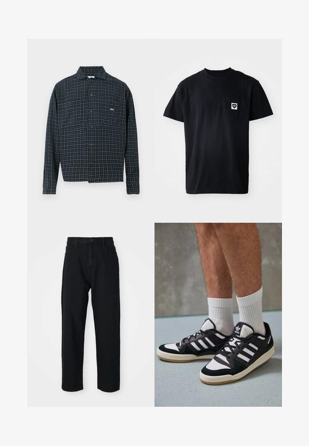 Tamsiai mėlynas flanelinis marškinys su balta ir oranžine tinklo raštu. Yra apykaklė ir krūtinės kišenė su logotipo detale.; Juodas medvilninis marškinėlis su apvalia iškirpte, trumpomis rankovėmis ir kairėje krūtinės pusėje esančia kišene, papuošta širdies formos logotipu baltos spalvos.; Juodos džinsinės kelnes su tiesiapjūviu. Yra klasikinis penkių kišenių dizainas, mygtukų užsegimas ir subtili audinio tekstūra.; Juodos ir baltos sportinės bateliai su zomšiniu ir odiniu viršumi, su trimis baltomis juostelėmis, perforuota koja ir guminėmis padais.