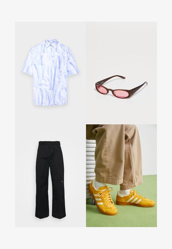 Short-sleeve button-up shirt in light blue with a shiny, crinkled texture; features a chest pocket and a classic collar design.; Black cotton t-shirt featuring a blurred white graphic of a face. Short sleeves and a round neck design.; Black wide-leg trousers with a smooth texture, featuring a regular waistband and a small embroidered logo near the right leg.; Yellow suede sneakers with white stripes, featuring a rubber sole, fabric laces, and a padded collar, paired with beige cotton pants.; Brown tinted sunglasses with a sleek, elongated oval shape. Frames are made of glossy plastic; lenses are pink with a subtle curve.