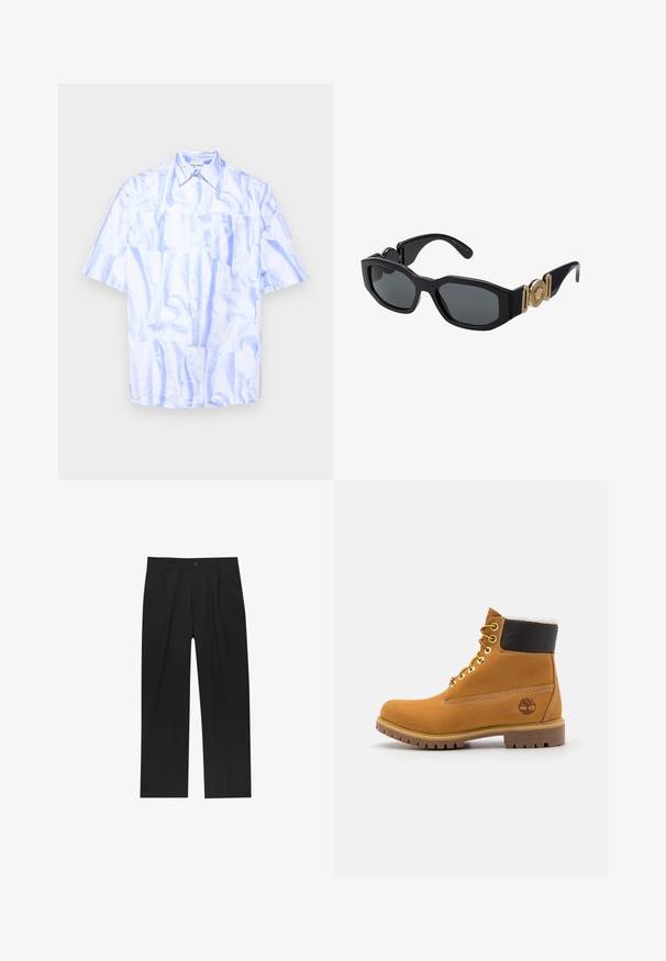 Krátký rukáv košile s knoflíky v světle modré barvě se lesklou, zmačkanou strukturou; obsahuje náprsní kapsu a klasický límec.; Černé kalhoty s rovnými nohavicemi, vyrobené z hladké tkaniny. Mají přední záhyby a jedno knoflíkové zapínání v pase.; Hnědá kožená kotníková bota s kovovými očka, bílou kožešinovou podšívkou, černým polstrovaným límcem, robustní podrážkou a raženým logem na boku.; Černé sluneční brýle s robustním geometrickým rámem, tmavými skly a zlatými kovovými detaily na spáncích, které mají kulatou emblémovou ozdobu.