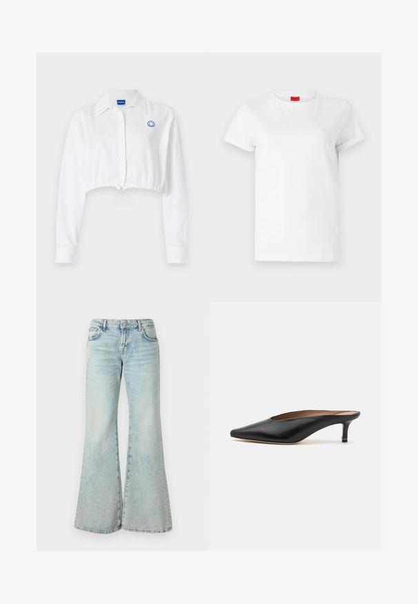 Weißes, kurz geschnittenes Hemd mit Kragen und langen Ärmeln. Verfügt über ein blaues Smiley-Logo auf der Brust und einen verstellbaren Bundzug.; Weißes Kurzarm-T-Shirt aus leichtem Baumwollstoff. Hat einen runden Halsausschnitt und umgeschlagene Ärmel. Rotes Logo-Tag am Kragen.; Hellblaue Schlagjeans aus Denim, mit hoher Taille, Taschen und ausgefransten Säumen. Der Stoff hat eine verblasste Waschung und eine subtile Textur.; Schwarze Leder-Mules mit spitzem Zehenbereich und niedrigem Blockabsatz. Glatte Textur mit elegantem Design. Offene Rückseite mit minimaler Gestaltung.