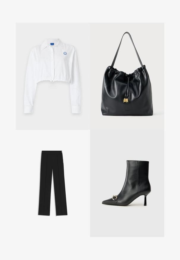 Weißes, kurz geschnittenes Hemd mit Kragen und langen Ärmeln. Verfügt über ein blaues Smiley-Logo auf der Brust und einen verstellbaren Bundzug.; Schwarze weite Hosen mit zwei vorderen Falten, elastischem Taillenbund und seitlichen Reißverschlüssen als Detail. Glatte Textur und minimalistisches Design.; Schwarze Leder-Stiefelette mit spitzer Zehe, schlankem, mittelhohem Absatz und silberner Schnalle seitlich vor einem schlichten Hintergrund.; Schwarze Lederzugtasche mit glatter Oberfläche, gerafftem oberen Teil und dezenten goldenen Hardware. Sie verfügt über einen stabilen Schulterriemen und ein geprägtetes Logo.