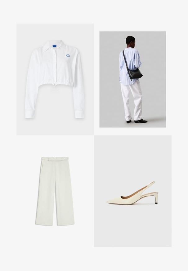 Camicia bianca a maniche lunghe, cropped, con colletto e bottoni. Presenta un logo sorridente blu sul petto e un cordino regolabile in vita.; Pantaloni a gamba larga in tessuto crema chiaro, dotati di tasche laterali, frontale liscio e chiusura a un bottone in vita. Texture morbida.; Scarpa slingback a punta in pelle bianca sporca, caratterizzata da un tacco basso e un design con ritagli, dal texture liscia e con accenti minimi.; Borsa a tracolla in pelle nera con una texture morbida, forma triangolare e tracolla regolabile, abbinata a una camicia a righe blu chiaro e pantaloni bianchi.