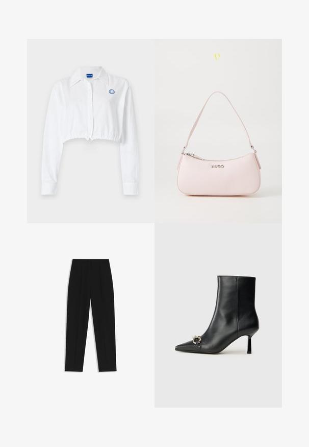White cropped button-up shirt with a collar and long sleeves. Features a blue smiley logo on the chest and an adjustable waist drawstring.; Black trousers with a straight fit, featuring double pleats, a smooth texture, and a classic waistband design. No visible hardware or accents.; Black leather ankle boot with pointed toe, slim mid-height heel, and silver buckle detail on side against plain background.; Pink leather handbag with a curved design, zipper closure, and a shoulder strap. Features a silver logo at the front.