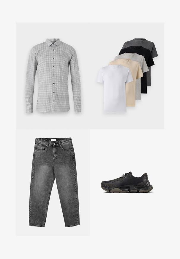 Long-sleeve shirt in white and black with geometric pattern, buttoned front, and classic collar. Lightweight fabric with smooth texture.; Set of five short-sleeve t-shirts in white, beige, light gray, dark gray, and black. Made of smooth cotton, featuring crew neck design.; Black washed straight-leg jeans with front and back pockets, belt loops, and a button closure at the waist.; Black athletic sneaker with textured sole, leather and suede upper, padded collar, and lace-up closure, shown in side profile.