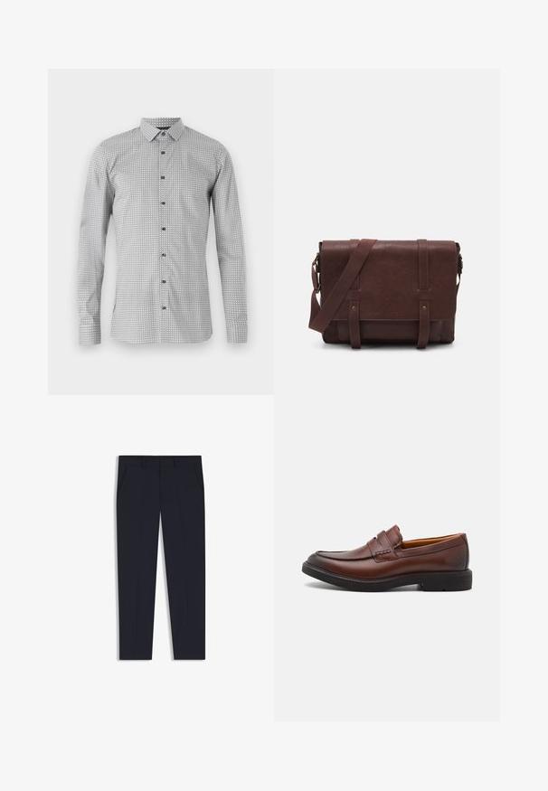 Camicia a maniche lunghe bianca e nera con motivo geometrico, abbottonatura frontale e colletto classico. Tessuto leggero con superficie liscia.; Pantaloni blu navy con una vestibilità su misura, dotati di due tasche frontali, design a frontale piatto e una texture liscia. Nessun motivo o decorazione visibile.; Mocassini in pelle marrone con punta arrotondata, cuciture decorative e suola in gomma nera. Texture liscia e dettagli di design minimi.; Borsa a tracolla in pelle marrone con un davanti piatto, due cinghie, dettagli in metallo dorato e una tracolla regolabile.