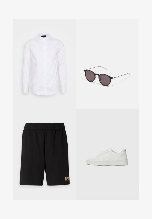 Hvit langermet skjorte med krage som lukkes med knapper, laget av glatt bomullsstoff, med en liten logo på brystet og knapper foran.; Sorte treningsshorts laget av mykt stoff, med elastisk midje og en liten gul EA7-logo nederst på venstre ben.; Hvite lærersneakers med en jevn overflate, rund tå, flate lisser og en teksturert såle. Har en subtil logo på hælen.; Sorte, runde solbriller med mørke linser og slanke metalarmer. Inkluderer klare temple tips og sølvfargede detaljer ved hengslet. Minimalistisk design.