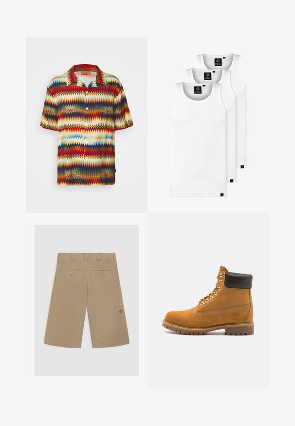 Kortärmad skjorta med ett färgglatt zigzag-mönster i röd, blå, gul och kräm. Tillverkad av lättviktig tyg med krage och knäppning.; Tre vita ribbade linnen i bomull. Har rund halsringning och små svarta etiketter vid fållen. Finns i flera storlekar.; Ljusbruna shorts med rak framdel, två bakfickor och en sidoficka i cargo-stil. Tillverkade av mjukt bomullstyg.; Tan mockasins ankelstövlar med svart vadderad krage, guldmetallöglor, vit sömdekor och slitstöt gummisula med utmärkta mönster.