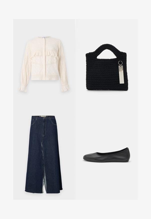 Kremfarget bluse med volanger, intrikate blonder, lange ermer med rynkede mansjetter og rund halslinning.; Mørkeblå denim lang skjørt med frontslitt. Har tradisjonell fem-lomme design og synlige sømmer. Sømmen er frynset.; Svart skinnballettflatt med rund tå, glatt tekstur, minimal sømdetalj, og et fleksibelt såledesign.; Won Hundred MARSIELLE COMPUTER BAG UNISEX - Dataveske - black