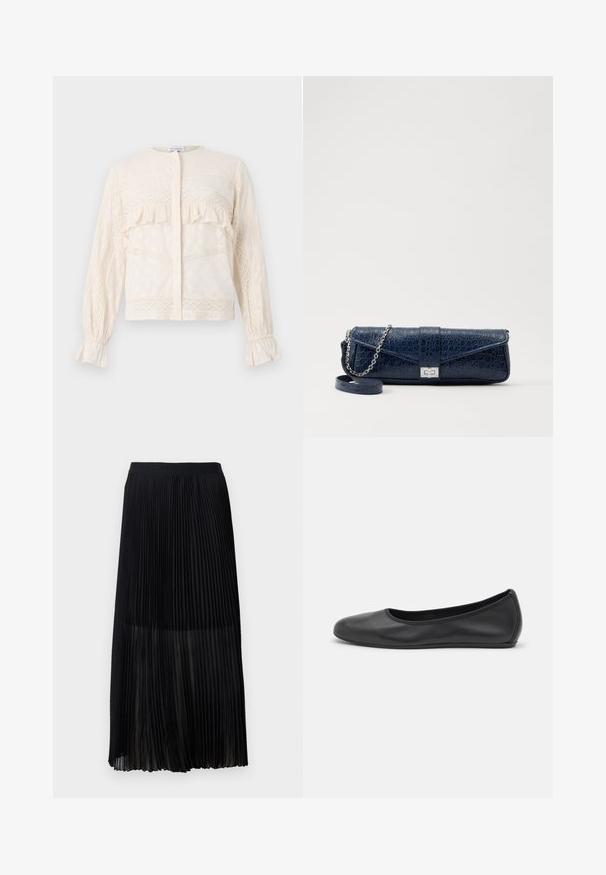 Blůza v krémové barvě s volánkovými detaily, složitou krajkovou výzdobou, dlouhými rukávy se staženými manžetami a kulatým výstřihem.; Černá plisovaná midi sukně s hladkým elastickým pasem a průhlednou vrstvou, která má jemné vertikální plisování po celé látce.; Černé kožené baletní byty s kulatou špičkou, hladkou texturou, minimálními švy a flexibilním designem podrážky.; Námořnická modrá kožená kabelka s krokodýlí texturou, stříbrným řetízkovým popruhem a kovovým zapínáním. Obdélníkový tvar s překlápěcím designem.