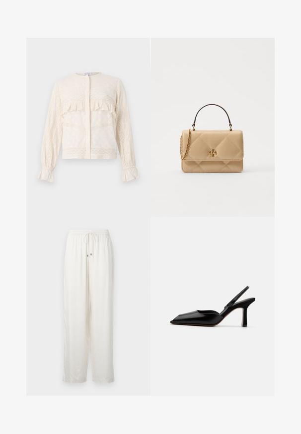 Cream-colored blouse with ruffled accents, intricate lace detailing, long sleeves with gathered cuffs, and a round neckline.; White, lightweight, loose-fitting pants with an elastic waist and drawstring. Features subtle sheen and straight leg design.; Black leather slingback heel with a pointed toe, minimalist design, thin ankle strap, and a sleek stiletto heel. Smooth texture.; Quilted beige leather handbag with gold hardware, chain strap, and a top handle. Features a front flap and signature logo detail.