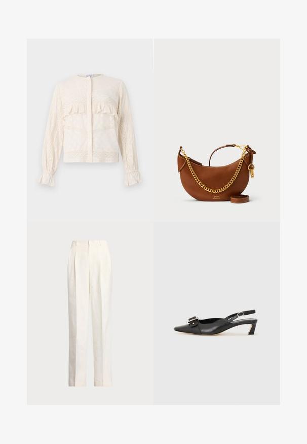 Krēmkrāsas blūze ar rūtiņu akcentiem, sarežģītu mežģīņu apdari, garām piedurknēm ar savilktām aprocēm un apaļu kakla izgriezumu.; Polo Ralph Lauren HEMP WIDE LEG PANT - Auduma bikses - nevis; Melnas ādas siksnu kurpes ar smailu pirkstu, nelielu papēdi un dekoratīvu sprādzi augšdaļā. Gluda tekstūra, minimālistisks dizains.; Brūns ādas rokassomu ar izliekta dizaina, zelta ķēdes siksnu, iekšējo kabatu un noņemamu plecu siksnu. Ievērojama kontrastējoša šuvuma detaļa.