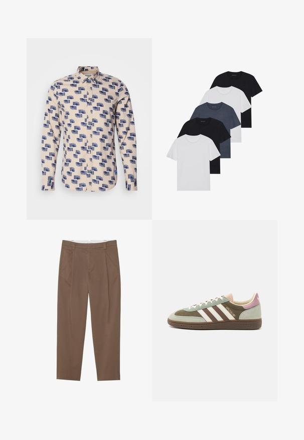 Ilgų rankovių mygtukų marškiniai šviesiai bežinės spalvos su mėlynu geometriniu raštu. Pagaminti iš lengvos medžiagos, turi apykaklę ir įprasto silueto.; Penki marškiniai juodos, baltos ir mėlynos spalvos. Pagaminti iš medvilnės, trumpomis rankovėmis, su apvaliu kaklu, be raštų.; Rudos pritaikyti kelnių, pagaminti iš tekstūruotos medžiagos, su klostėmis, diržo kilpelėmis ir tiesiu kirpimu. Nėra matomų metalinių detalių.; Zaliai, rudi ir smėlio spalvos zomšos bei tekstilės sportbačiai su trimis baltais dryžiais. Pasižymi šviesiai rožine akcentu ant kulno ir tekstūruotomis pado detalėmis.