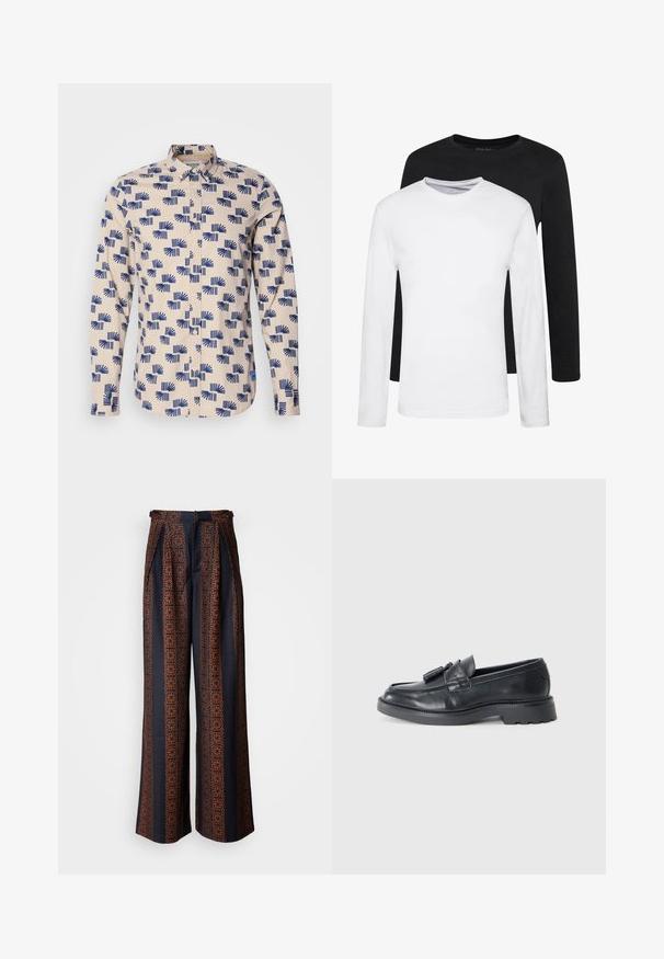 Hosszú ujjú, világos bézs ing kék geometrikus mintával. Könnyű anyagból készült, gallérral és normál szabással.; Két hosszúujjú ing, egy fekete és egy fehér, pamutból készült, kerek nyakkivágással és sima textúrával, egymásra rakva bemutatva.; Sötétkék anyagú, széles szárú nadrág, amelyen részletes narancssárga geometrikus minta látható, plissézett elejével és karcsúsított derékrészével.; Fekete bőr loaferek, lekerekített orral, bojtokkal díszített pánttal és vastag talppal, amelynek a felülete mintázott. Sima textúra és klasszikus dizájn.