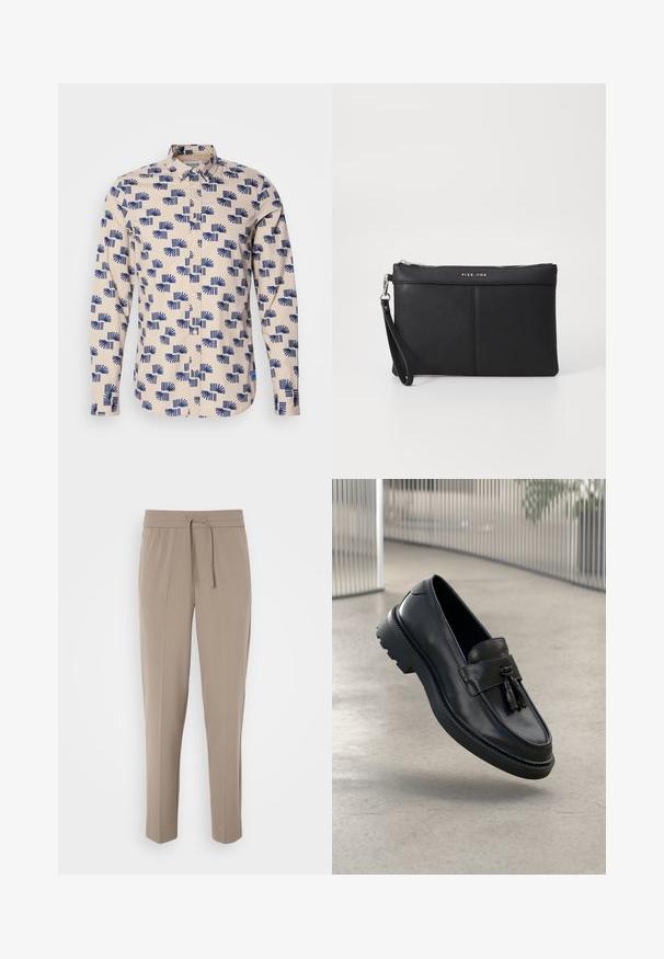 Košulja dugih rukava s dugmićima u svjetlosmeđi boji s plavim geometrijskim uzorkom. Izrađena od lagane tkanine, s ovratnikom i regularnim krojem.; Svijetlosmeđe hlače s elastičnim pojasom, podesivom žicom i suženim nogavicama. Tkanina izgleda glatko s laganim sjajem.; Crne kožne mokasinke s glatkim završetkom, ukrasnom resom, debelim gumenim đonom i ušivenim detaljima. Lagan i elegantan dizajn.; Crna sintetička torbica s patentnim zatvaračem, narukvicom i glatkom teksturom. Ima suptilno šivanje i urezani logotip na prednjem dijelu.