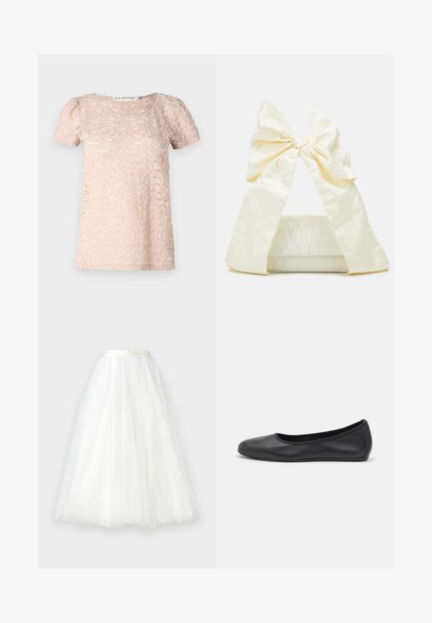 Korte mouwen, lichtroze top met een gestructureerd patroon, ronde halslijn en licht gepofte mouwen. Gemaakt van zachte, lichtgewicht stof.; Ida Sjöstedt NOVA  - Maxirok - ivory; Zwarte leren ballerina met een ronde neus, gladde textuur, minimale stikdetails en een flexibele zoolontwerp.; Loeffler Randall RAMONA BOW SHOULDER BAG - Handtas - cream