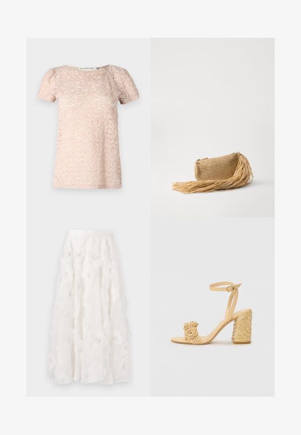 Majica kratkih rukava svijetlo ružičaste boje s teksturiranim uzorkom, okruglim izrezom i lagano napuhanim rukavima. Izrađena od mekog, laganog materijala.; Bijela suknja do koljena s cvjetnim vezenjem i srebrnim štrasom. Lagana, lepršava tkanina s nabranim slojevima i uskim pojasom.; Bež sandala s visokom potpeticom, s pletenom teksturom, ukrašena cvijetom i remenom oko gležnja. Kvadratna potpetica dodaje stabilnost.; Cult Gaia VIERA - Ručna torbica - natural