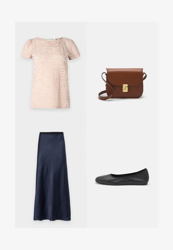 Maglietta a maniche corte di colore rosa chiaro con un motivo testurizzato, scollo rotondo e maniche leggermente a sbuffo. Realizzata in tessuto morbido e leggero.; Gonna midi in satin blu navy con una texture liscia, design svasato e una vita elastica nera. Senza fantasie o hardware visibili.; Pantofole da balletto nere in pelle con punta arrotondata, texture liscia, dettagli di cucitura minimi e design con suola flessibile.; Borsa a tracolla in pelle marrone con chiusura a pattina, hardware color oro, tracolla e una finitura liscia. Forma rettangolare compatta.