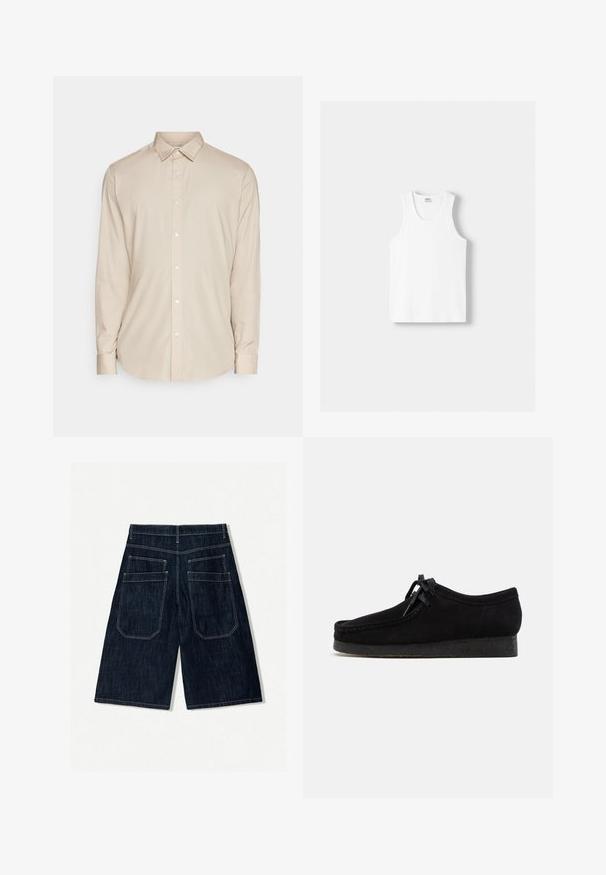 Beige košile s dlouhým rukávem a límečkem, má rovný střih a hladkou texturu. Podél přední části jsou bílé knoflíky.; Bílý bavlněný top na ramínka s kulatým výstřihem, širokými ramínky a rovním lemem, s hladkou texturou a bez viditelných vzorů.; Tmavě modré denimové šortky s volným střihem, obsahující dvě zadní kapsy, kontrastní šití a rovný střih nohavic.; Černé semišové boty s kulatou špičkou, šněrováním vpředu a strukturovanou černou gumovou podrážkou. Hladký svršek s jemným prošíváním.