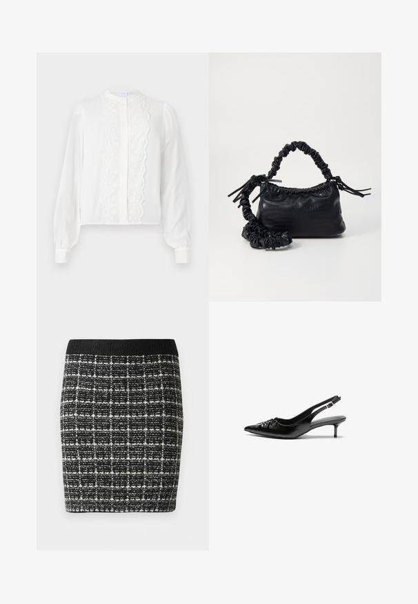 White long-sleeve blouse with a round collar, features a central lace panel and button front, and gathered sleeves at cuffs.; Black and white checkered skirt with a textured fabric, featuring a black waistband and a fitted silhouette.; Black leather slingback heels with a pointed toe, small kitten heel, and a decorative knot detail on the front. Smooth texture throughout.; Black faux leather handbag with a crocodile texture, cinched top, and a scrunched strap. Appears soft and compact in design.