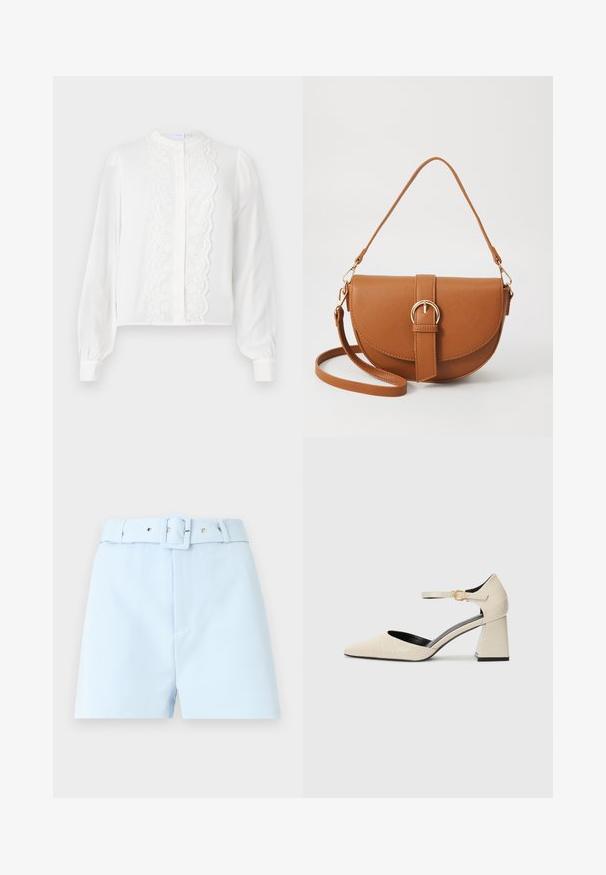 Vit långärmad blus med rund krage, har ett centralt spetspanel och knappstängning fram, samt rynkade ärmar vid manschetterna.; Ljusblå shorts med bälte i midjan, med fyrkantig spänne och metallackenteringar. Slätt tyg, skräddarsydd passform och plisserad front.; Beige konstläder klackskor med spetsig tå, ankelrem och subtil krokodilstruktur. Svart innerfoder.; Brun läder crossbody-väska med en böjd form, gyllene detaljer och en spänneaccent. Har en avtagbar axelrem.