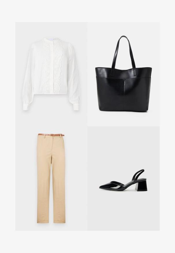 Blusa branca de manga longa com colarinho redondo, apresenta um painel central de renda e fecho de botão à frente, e mangas franzidas nos punhos.; Chinos bege feitos de tecido leve, com um corte reto, bolsos laterais e um cinto de couro castanho com uma fivela retangular.; Sandy em verniz preto com salto slingback, ponta afilada e salto geométrico. Apresenta um design elegante e minimalista com textura suave.; Bolsa tote preta em couro com duas alças longas, textura suave e forma estruturada. Apresenta um bolso frontal para armazenamento adicional.