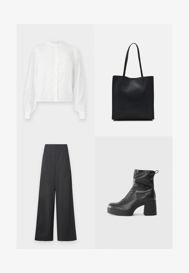 Hvid langærmet bluse med rund krave, har et centralt blondestykke og knapfront, samt rynkede ærmer ved manchetterne.; Højtrukne, vide bukser i mørkegrå stof med en glat overflade. Har ingen synlige lommer eller dekorationer.; Sorte ankelstøvler lavet af glat læder, med en sidelukning, kraftig struktureret hæl og rundt tådesign.; Sort læder tote taske med glat tekstur, rektangulær form og to lange hanke. Ingen synlig hardware eller udsmykninger.