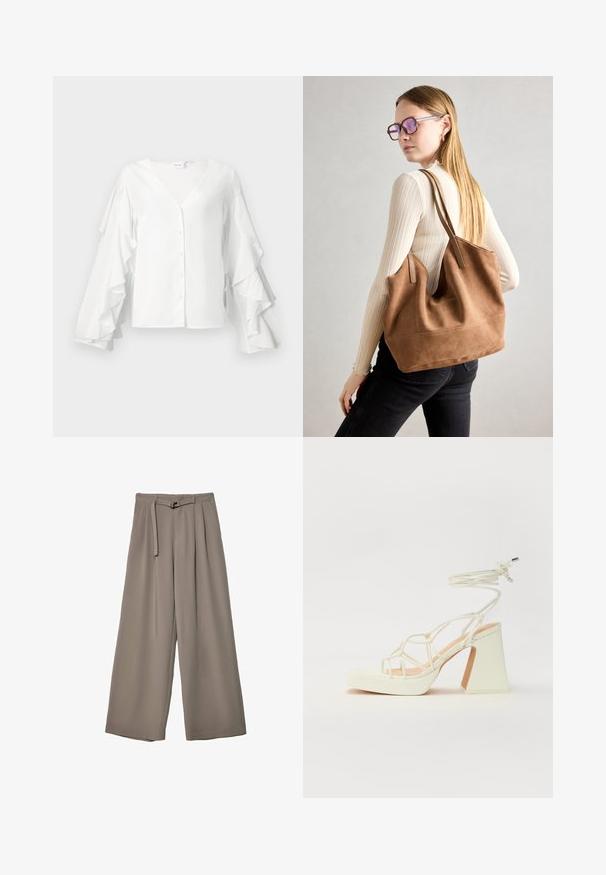 Hvid bluse med V-hals, knaplukning og voluminøse flæseærmer. Fremstillet af glat stof med et stilrent, minimalistisk design.; Vide ben bukser i et blødt, afdæmpet grå stof, med en bælte i taljen og plisseringer for ekstra designdetalje. Glat tekstur, ingen mønstre.; Hvide højhælede sandaler med en kraftig hæl, der har et stropdesign og ankelbinding. Glat tekstur med en platform foran for ekstra højde.; Brun ruskind tote taske med blød tekstur, stor åbning og lange stropper. Har et enkelt design med synlige syninger og ingen hardware.