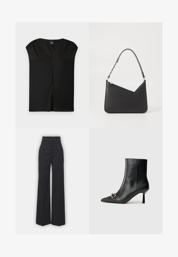 Blusa preta com decote em V, mangas curtas e estilo solto. Tecido suave com detalhes de costura mínimos e sem padrões visíveis.; Calças largas em tecido preto com um cós alto, apresentando um acabamento limpo e uma textura suave. Sem hardware ou padrões visíveis.; Bota preta de couro até ao tornozelo com bico apontado, salto slim de altura média e detalhe em fivela prateada de lado, contra um fundo simples.; Bolsa de couro preta com formato triangular, alça fina e detalhes em metal prateado. Apresenta um fecho com zíper e logótipo em relevo na parte frontal.