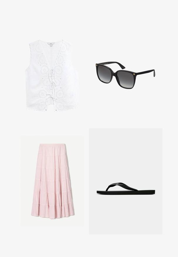Witte linnen mouwloze top met geborduurde bloemmotieven, gegolfde randen en een voorknoopsluiting met decoratieve oogjes.; Lichtroze, gelaagde maxi-rok van een gestructureerde, lichte stof. Elastische tailleband en vloeiende zoom met ruches.; Zwarte rubberen flip-flop sandaal met een getextureerde strap en een eenvoudige platte zool, zijaanzicht op een effen lichte achtergrond.; Zwarte oversized zonnebril met gradient lenzen, dikke plastic montuur en gouden logoaccenten op de slapen. Hoekig ontwerp en glanzende afwerking.