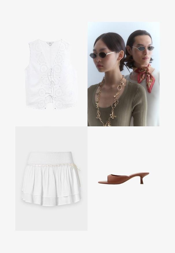 Ärmelloses Top aus weißem Leinen mit bestickten Blumenmustern, gewellten Kanten und einem vorderen Bindebandverschluss mit dekorativen Ösen.; Weißer Stufenrock mit elastischem Bund, der mit einem strukturierten Rüschenmuster und einem dekorativen Bandakzent versehen ist. Baumwollstoff.; Braune offene Absatzmules mit glatter, matter Oberfläche, die ein geschwungenes Design und einen transparenten, verjüngten Absatz aufweisen.; Runde Sonnenbrillen mit dunklen Gläsern und dünnen silbernen Rahmen. Eine Person trägt eine goldene Kette, während eine andere einen rot gemusterten Schal hat.; Geflochtene Strohtasche mit braunen Lederakzenten, zwei Griffen und einem abnehmbaren Gurt. Kurvenform mit einem stabilen Boden.