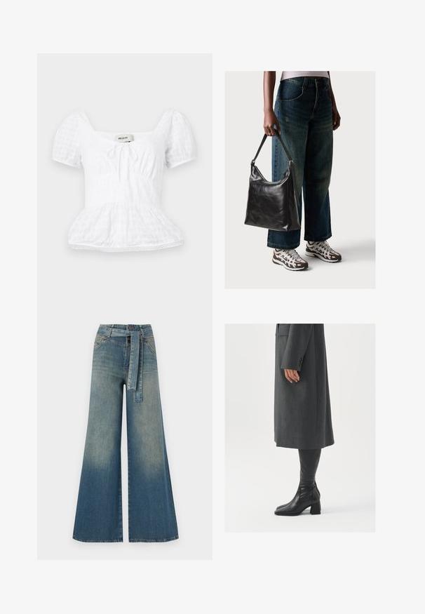 Top peplum branco com decote quadrado, mangas curtas e bufantes, e detalhe de cordão, apresentando um padrão de grelha texturizada e acabamento em renda.; Calças de ganga de perna larga com um gradiente de azul claro a escuro, cintura alta, passantes para cinto e um cinto de tecido a condizer. Acabamento em ganga texturizada.; Casaco cinza, ajustado, com corte reto; combinado com botas de couro pretas até ao joelho, com biqueira quadrada e salto grosso.; Bolsa de ombro em couro preto com textura suave e alça ajustável, combinada com jeans de perna larga desbotados e ténis desportivos.