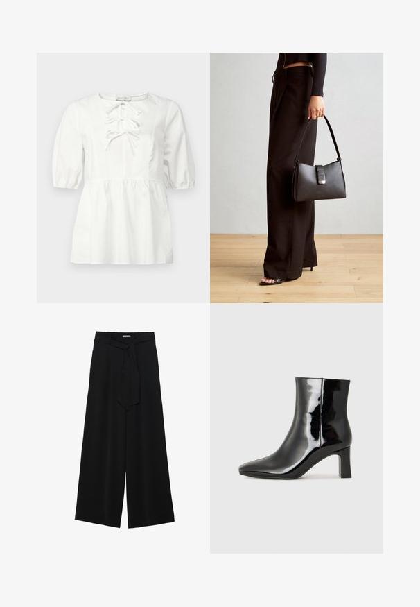 Valge pluus lühikeste puhvärvlitega, ümmargune kaelus ja esipaneelil nöörimise detail. Omab kokku tõmmatud taljet ja siledat puuvillast kangast.; Mustad laiad püksid, millel on tekstureeritud kangas, elastne vöökoht ja eemaldatav pael vööst, et reguleerida sobivust.; Must-sinine nahkjalats musta läikiva viimistlusega, millel on terav nina ja keskmise kõrgusega plokk konts. Sile tekstuur ja minimalistik disain.; Must musta kott, millel on struktureeritud kuju, sile tekstuur ja metallist klamber. Kombineeritud laiate mustade pükstega ja avatud varvaste sandaalidega puidust põrandal.