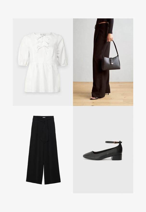 Blusa bianca con maniche corte a sbuffo, collo rotondo e dettaglio di lacci sul davanti. Presenta una vita arricciata e un tessuto di cotone liscio.; Pantaloni neri a gamba larga caratterizzati da un tessuto testurizzato, una vita elastica e una cintura staccabile per una vestibilità regolabile.; Pump in pelle nera con punta affusolata e tacco basso a blocco. Presenta una cinghia alla caviglia con una fibbia in tonalità oro. Texture liscia.; Borsa nera con forma strutturata, texture liscia e una chiusura metallica. Abbinata a pantaloni neri larghi e sandali open-toe su un pavimento in legno.