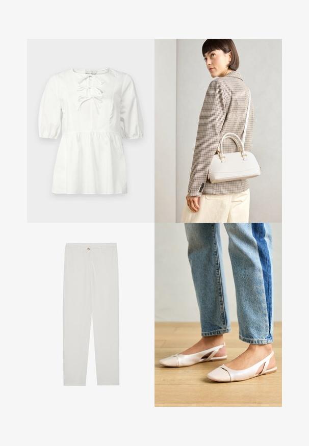 Bluză albă cu mâneci scurte tip puff, guler rotund și detaliu cu șireturi în față. Are o talie strânsă și este fabricată din bumbac neted.; Pantaloni albi, croiți, cu un design drept al piciorului, având sistem de închidere cu nasture, bucle pentru curea și buzunare laterale; textură de țesătură netedă.; Sandalete plate de un roz pal cu vârf ascuțit, realizate dintr-un material asemănător pielii, neted. Prezintă detalii decupate pe laterale și un toc plat.; Geantă structurată albă, cu mânere scurte și curea de umăr, având accente din metal aurit și material texturat, expusă pe un fundal gri.