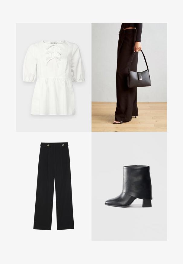 Bela bluza s kratkimi napihnjenimi rokavi, okruglim izrezom in sprednjim detajlom vezanja. Ima zbrano pas in gladek bombažni material.; Črne široke hlače s visokim pasom, gumbnimi detajli na pasu in sprednjimi gubami.; Črne usnjene gležnjarje z izostrenim prstom, gladko teksturo in trdnimi blokastimi petami. Imajo visok, zložen manšeti.; Črna torbica z strukturirano obliko, gladko teksturo in kovinskim zaponko. Ujemajo se z širokimi črnimi hlačami in odprtimi sandali na lesenem tleh.