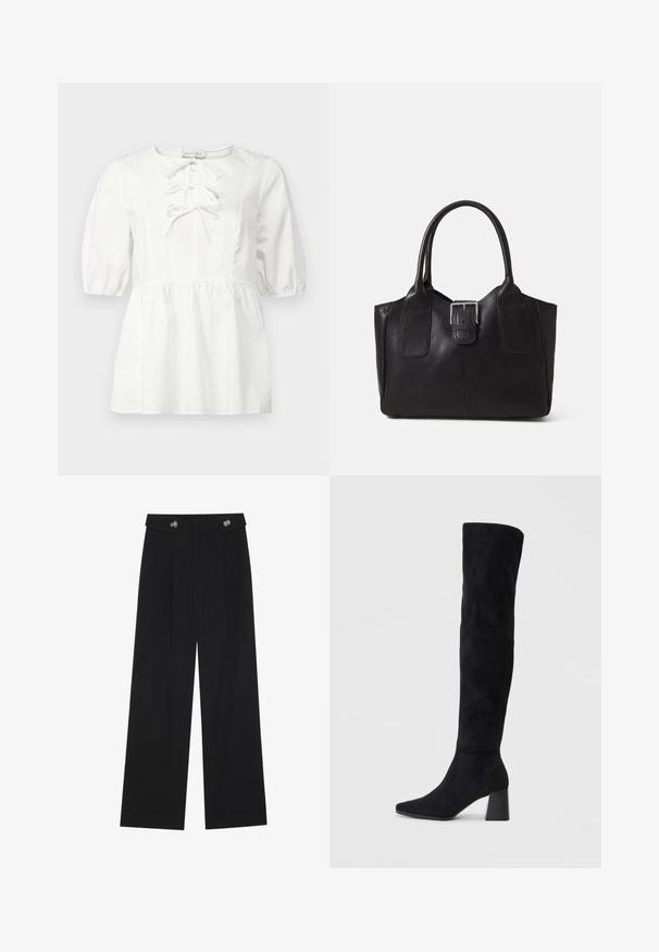 Chemisier blanc avec des manches courtes bouffantes, un col rond et un détail de laçage à l'avant. Présente une taille froncée et un tissu en coton lisse.; Pantalons larges noirs à taille haute, avec des détails de boutons à la taille et des plis sur le devant.; Botte noire en daim montée jusqu'au genou, avec un talon bloc, un bout pointu et un design lisse et sans couture sur un fond clair.; Sac fourre-tout en cuir noir avec une texture lisse, une forme structurée, deux poignées et un détail en boucle argentée proéminent à l'avant.