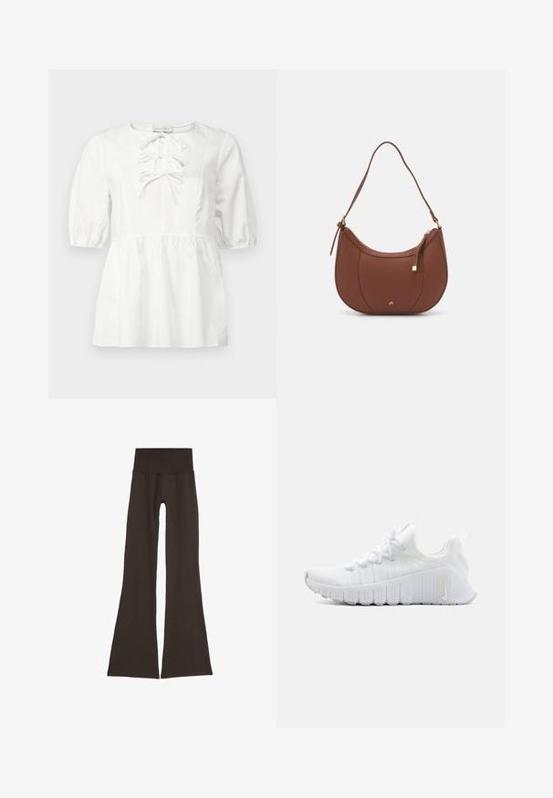 Biała bluzka z krótkimi bufkami, okrągłym dekoltem i sznurowaniem z przodu. Posiada marszczoną talię i gładki bawełniany materiał.; Ciemnobrązowe legginsy dzwonowe z szerokim, prążkowanym pasem. Wykonane z miękkiego, elastycznego materiału, charakteryzujące się bezszwowym designem i bez widocznych elementów metalowych.; Białe sportowe buty z teksturowaną cholewką, płaskim zapięciem na sznurowadła i wyraźną gumową podeszwą z pionowymi rowkami. Na boku znajduje się logo.; Brązowa torebka na ramię z eko-skóry o zaokrąglonym kształcie, z minimalnym przeszyciem i złotym akcentem na okuciach. Posiada zamek błyskawiczny u góry oraz regulowany pasek.