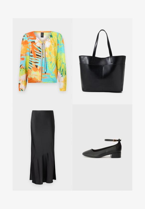 Wielokolorowa bluzka z dekoltem w kształcie V, zdobiona kwiatowym i tropikalnym wzorem w kolorach pomarańczowym, niebieskim i zielonym. Długie rękawy z elastycznymi mankietami.; Czarna satynowa spódnica midi o eleganckim fasonie, z delikatnym rozkloszowaniem u dołu i bocznym rozcięciem dla większej swobody ruchów. Gładka tekstura.; Czarne skórzane szpilki z ostrym noskiem i niskim słupkowym obcasem. Wyposażone w pasek na kostkę z złotym zapięciem. Gładka tekstura.; Czarna skórzana torba na ramię z dwoma długimi uchwytami, gładką teksturą i sztywną formą. Posiada przednią kieszeń dla dodatkowego przechowywania.