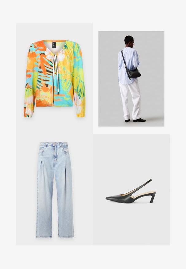 Monivärinen pusero, jossa on V-pääntie ja kukka- sekä trooppikuvio oranssissa, sinisessä ja vihreässä. Pitkät hihat, joissa on elastiset hihansuut.; Vaaleansiniset farkut, joissa on korkea vyötärö, leveälahkeinen leikkaus, kaksi sivutaskua ja pleatattu muotoilu. Pehmeä rakenne, jossa on haalistunut viimeistely.; Musta, kärjeltään terävä slingback-kengä, jossa on matala korko. Kengässä on sileä nahkamateriaali ja sivuilla leikkaukset hengittävyyttä varten.; Musta nahkainen olkalaukku, jossa on pehmeä rakenne, kolmion muoto ja säädettävä hihna, yhdistettynä vaaleansiniseen raidalliseen paitaan ja valkoisiin housuihin.