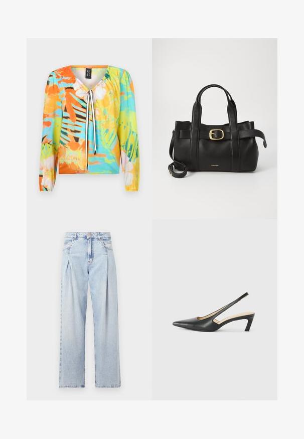 Mnohobarevná blúzka s V-výstrihom, so kvetinovým a tropickým vzorom v oranžovej, modrej a zelenej farbe. Dlhé rukávy s elastickými manžetami.; Svetlomodré džínsy s vysokým pásom, širším strihom po celej dĺžke, dvoma bočnými vreckami a skladaným dizajnom. Mäkka textúra s vyblednutým vzhľadom.; Čierne slingback topánky s ostrou špičkou a nízkym opätkom, vyrobené z hladkej kože a s výrezmi na boku pre lepšiu priedušnosť.; Čierna kožená kabelka s štruktúrovaným dizajnom, dvojitými hornými uchopiteľmi, zlatým prackovým akcentom a embosovaným logom značky na prednej strane.