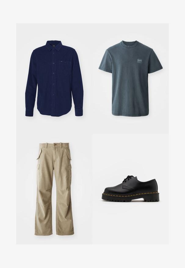Mørkeblå kordfløjlsskjorte med lange ærmer, knap-ned krave, forlomma og subtil tekstur detaljer. Har mærket ved kraven.; Mørkegrå bomulds T-shirt med rund hals, korte ærmer og et lille trykt logo på venstre side. Klassisk pasform med lige kant.; Beige cargo bukser lavet af slidstærkt stof, med en afslappet pasform, flere sidelommer og forstærkede knæ. Flad frontdesign.; Sort læder snøresko med en rund tå, tekstureret gummisål og gule stikninger omkring bunden. Flad design og glat finish.